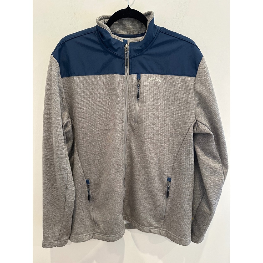 Orvis Mens Full Zip Fleece Jacket Grey Navy Blue Textured Softshell Large